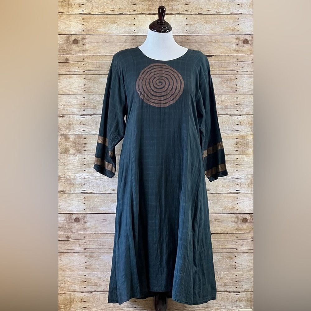 Desire‎ Women Green Linen Blend Spiral Graphic Midi Dress 3/4 Sleeve Size M